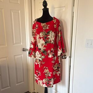 Olivia Matthews Red Floral Midi Dress With Bell Sleeves.